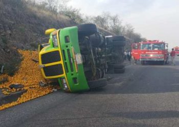 Vuelca camión cargado con naranja en ruta Victoria-SLP