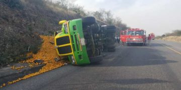 Vuelca camión cargado con naranja en ruta Victoria-SLP