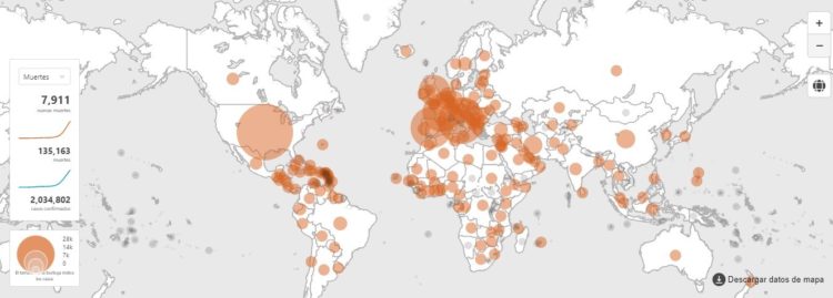 OMS reporta 135 mil 163 muertes por Covid-19 en el mundo y dos millones 034 mil 802 casos confirmados