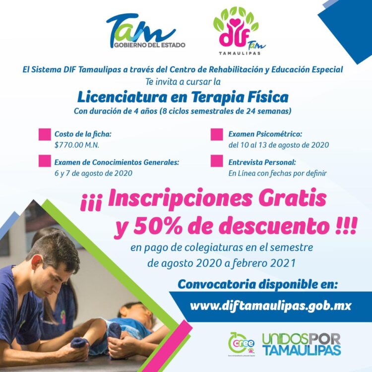 DIF Tamaulipas ofrecerá Inscripción gratis y 50 por ciento de descuentos en pagos de colegiaturas a estudiantes de la licenciatura en Terapia Física