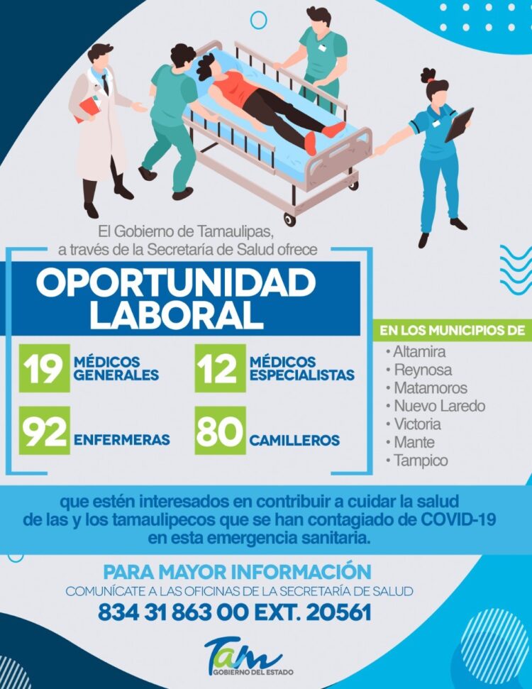 Gobierno de Tamaulipas contratará personal de salud para atender en hospitales COVID