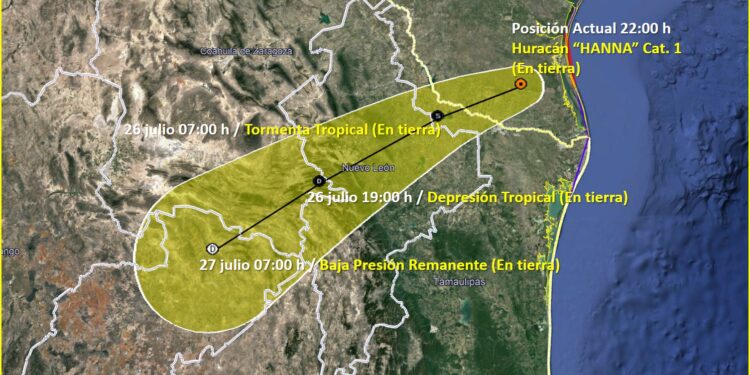 Huracán Hanna a 65 kilómetros de Reynosa, Tamaulipas a las 22 horas