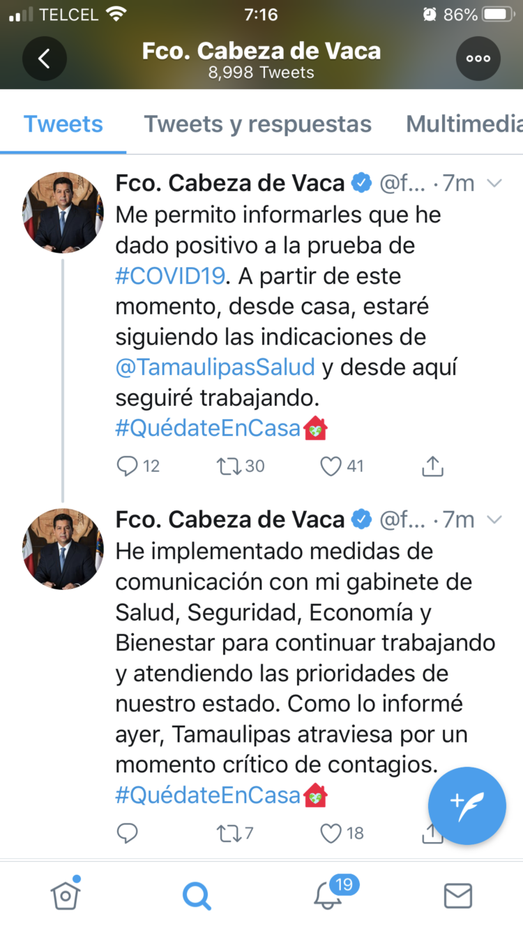 Gobernador Cabeza de Vaca enferma de Covid-19
