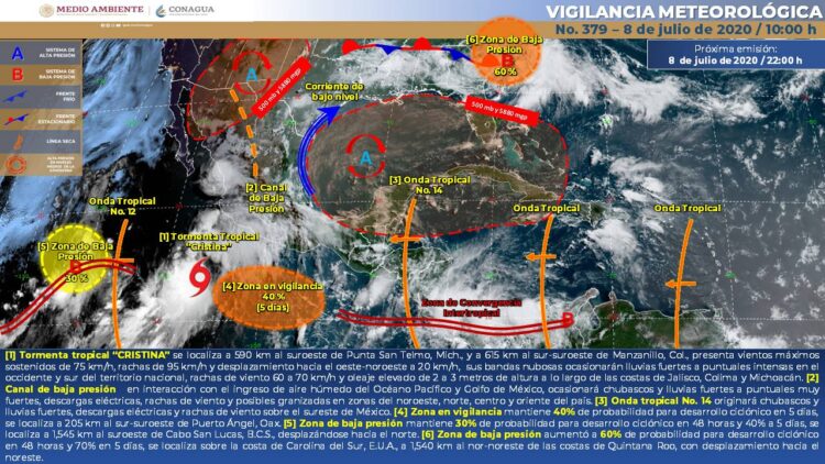 La tormenta tropical cristina ocasionará luvias intensas en Colima, Jalisco, Michoacán y Nayarit