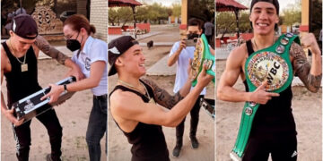 Óscar Valdez recibe el cinturón de campeón en su natal Nogales, Sonora