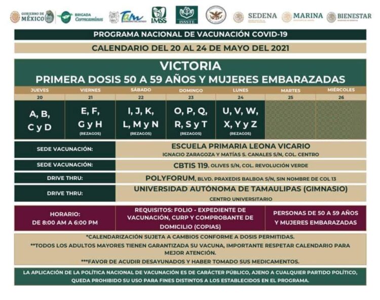 Arranca jueves vacunación anti Covid para “cincuentones” en Cd. Victoria