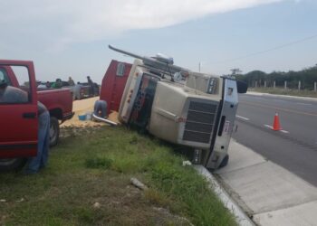 Vuelca trailer cargado con harina de soya