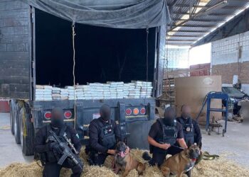 Aseguran 114 kilos de cocaína en camión oculto en bodega de Reynosa.