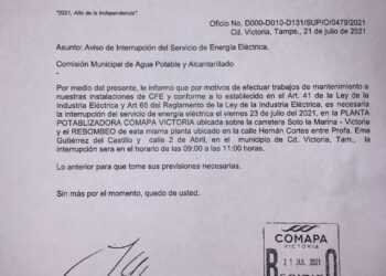 Por culpa de CFE el Viernes 23, Victoria sin agua