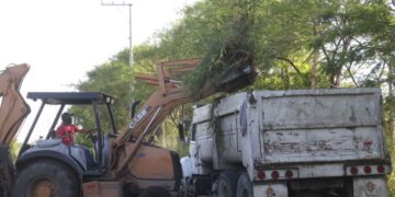 Retiran basurero clandestino en camino al Ejido La Presa, en Victoria