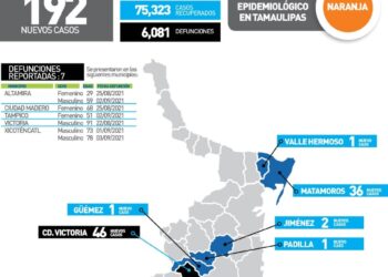 Muere de COVID mujer de 29 años en Altamira; hoy 192 contagios en Tamaulipas