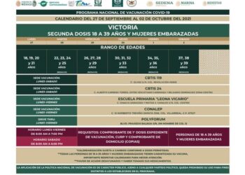 Arranca el lunes 27 segunda dosis contra COVID-19 en Victoria para 18-39 años