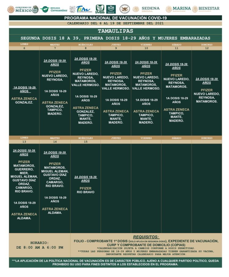 Segunda dosis de vacuna anti-Covid para 18 a 39 años en 10 municipios de Tamaulipas