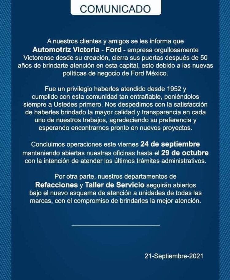 Cierra concesionaria de Ford en Victoria