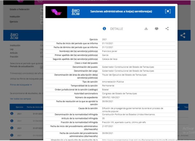 Congreso publica sanción al gobernador de Tamaulipas ordenada por el TRIFE