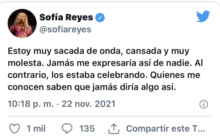 Sofía Reyes aclara rumores sobre grupo firme