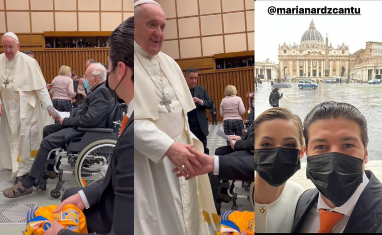 El Gobernador de Nuevo León Samuel García y su esposa Mariana Rodríguez, conocen al papa.