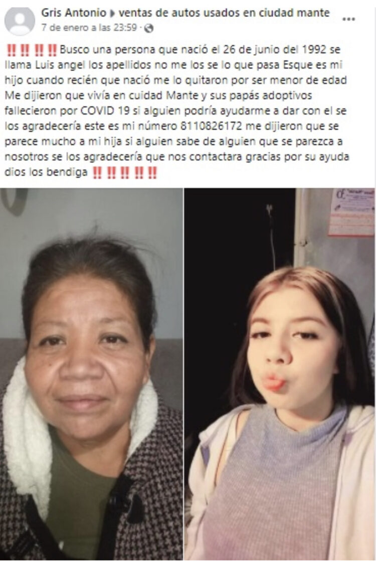 Busca a su hijo en Ciudad Mante,hace 29 años se lo arrebataron