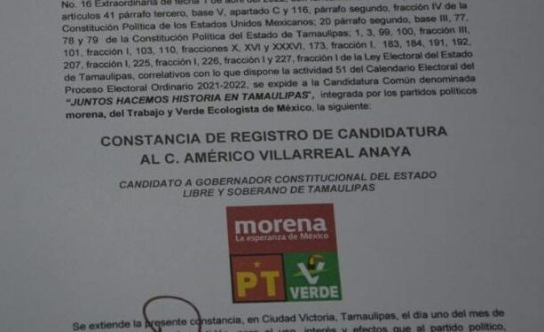 Avala IETAM registro de Américo Villarreal Anaya como candidato de MORENA-PT-PVEM a la gubernatura de Tamaulipas