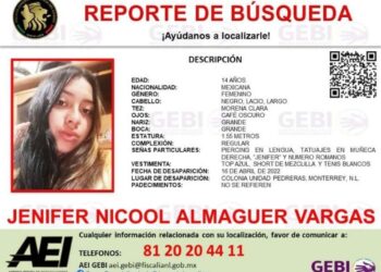 Otra mujer desaparece en Nuevo León, se trata de una niña de 14 años