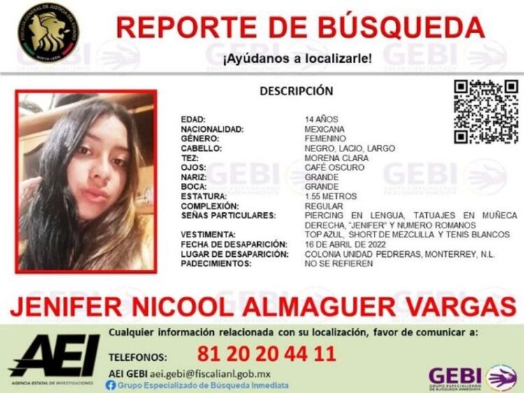 Otra mujer desaparece en Nuevo León, se trata de una niña de 14 años