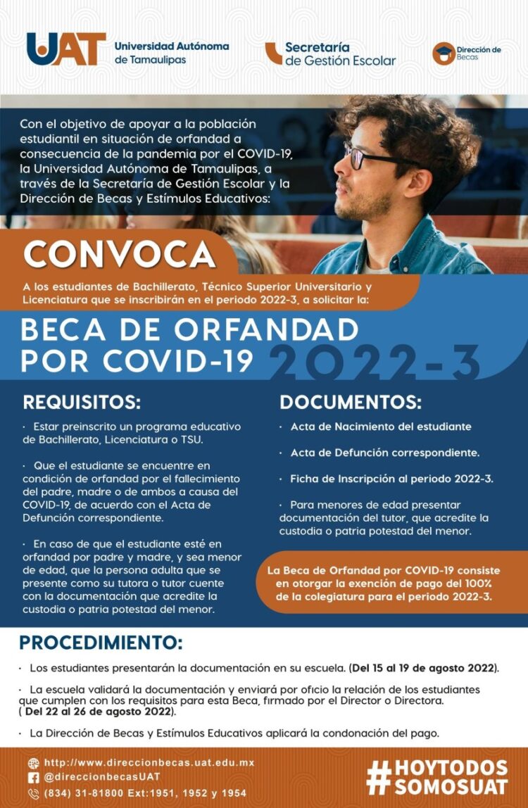 Ofrece UAT a sus estudiantes la beca de orfandad por Covid-19