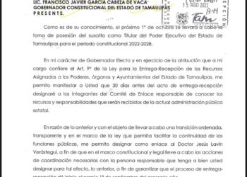 Recibe oficina de García Cabeza de Vaca carta de AVA que notifica Comisión de Transición