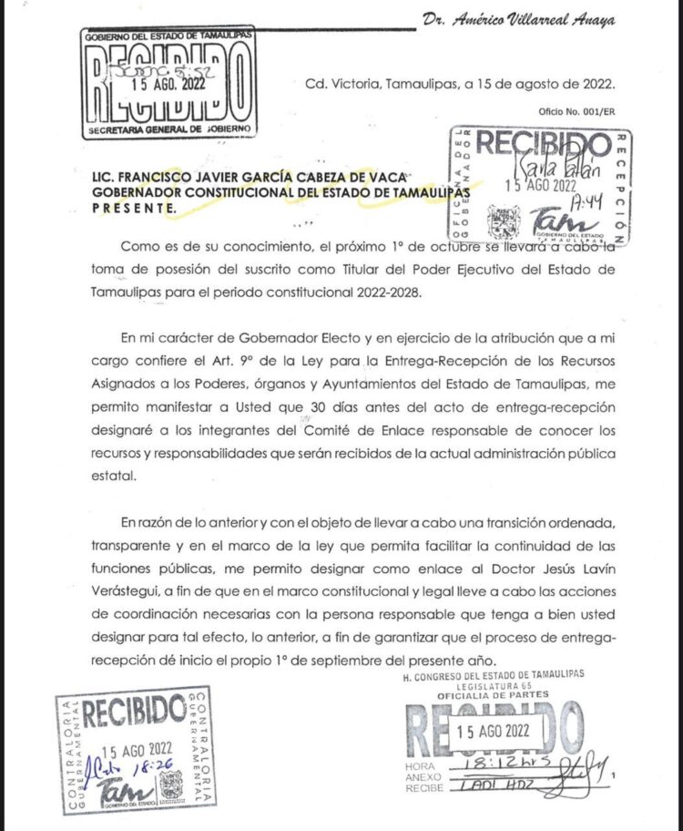 Recibe oficina de García Cabeza de Vaca carta de AVA que notifica Comisión de Transición