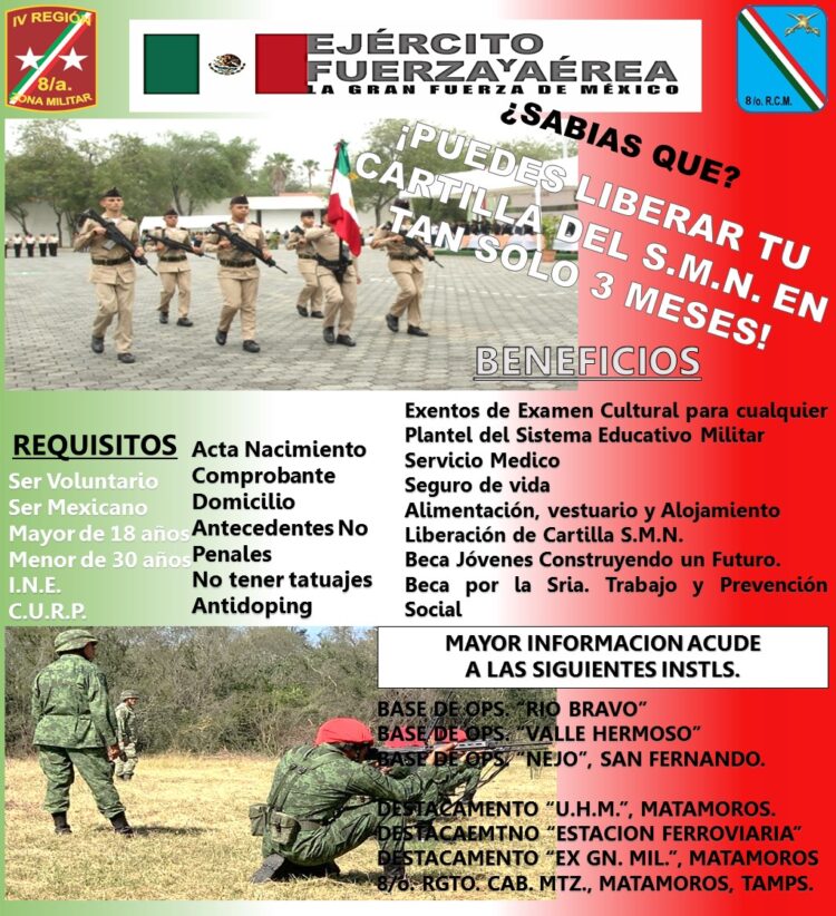 Ejército Mexicano invita a los jóvenes a cumplir con el Servicio Militar Nacional en tres meses y obtener su cartilla liberada”.