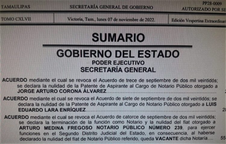 Cancelan otras 3 notarías en Tamaulipas otorgadas con tráfico de influencias y pisoteando la ley