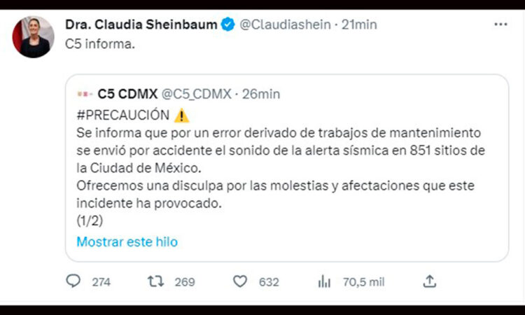 Activación de Alerta Sísmica fue por error humano: Sheinbaum