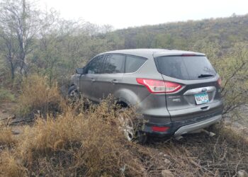 Chofer se lesiona al estrellar su camioneta con matorrales