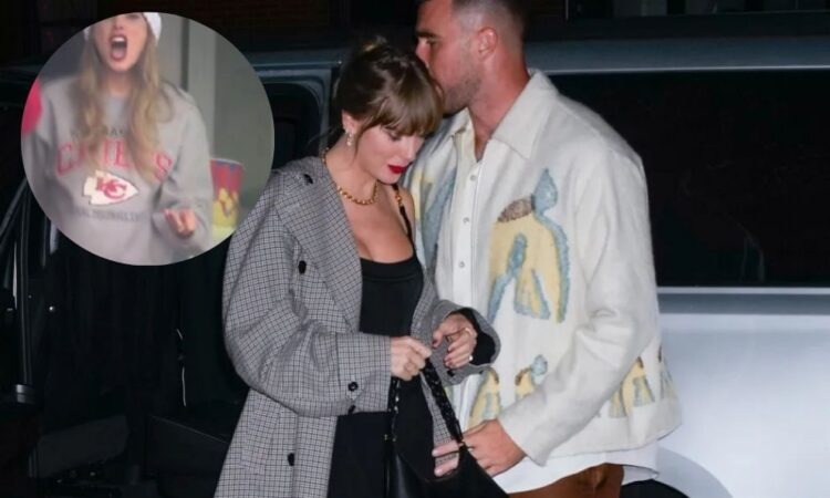 Taylor Swift reacciona a empujón a Travis Kelce durante el partido de los Chiefs
