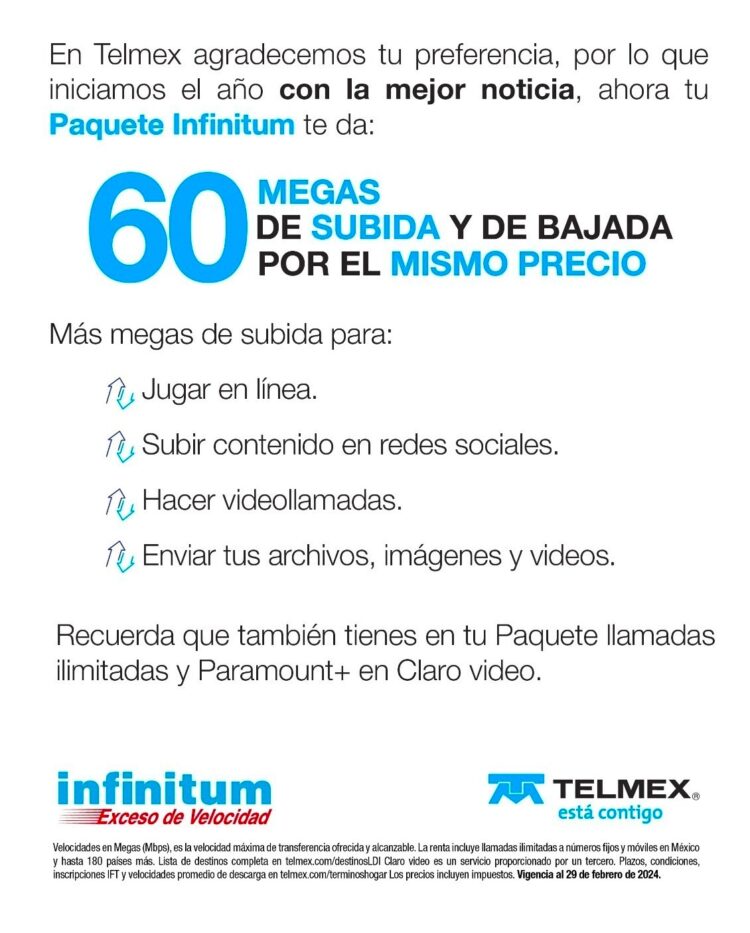 TELMEX mejora velocidad de internet para subir y bajar datos, por el mismo precio.