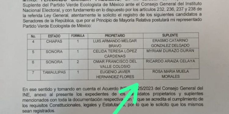Formaliza PVEM solicitud de registro ante INE de Eugenio Hernández para senador por Tamaulipas