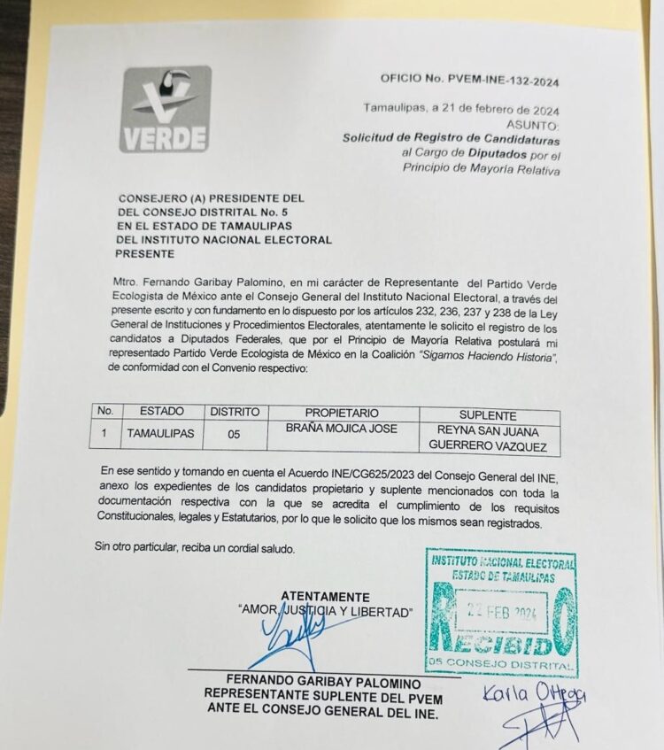 Registran a José Braña como candidato del PVEM a Diputado Federal por Victoria