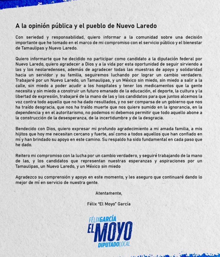 Renuncia Félix García a candidatura panista a Diputado Federal por Nuevo Laredo