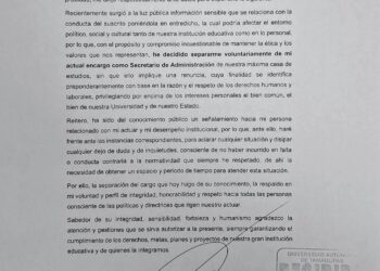 Marco Batarse Contreras se separa del cargo como secretario de administración en la UAT