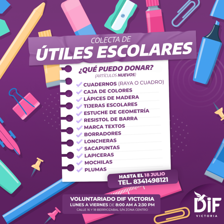 Invita DIF Victoria a donar útiles escolares para niñas y niños en situación vulnerable.