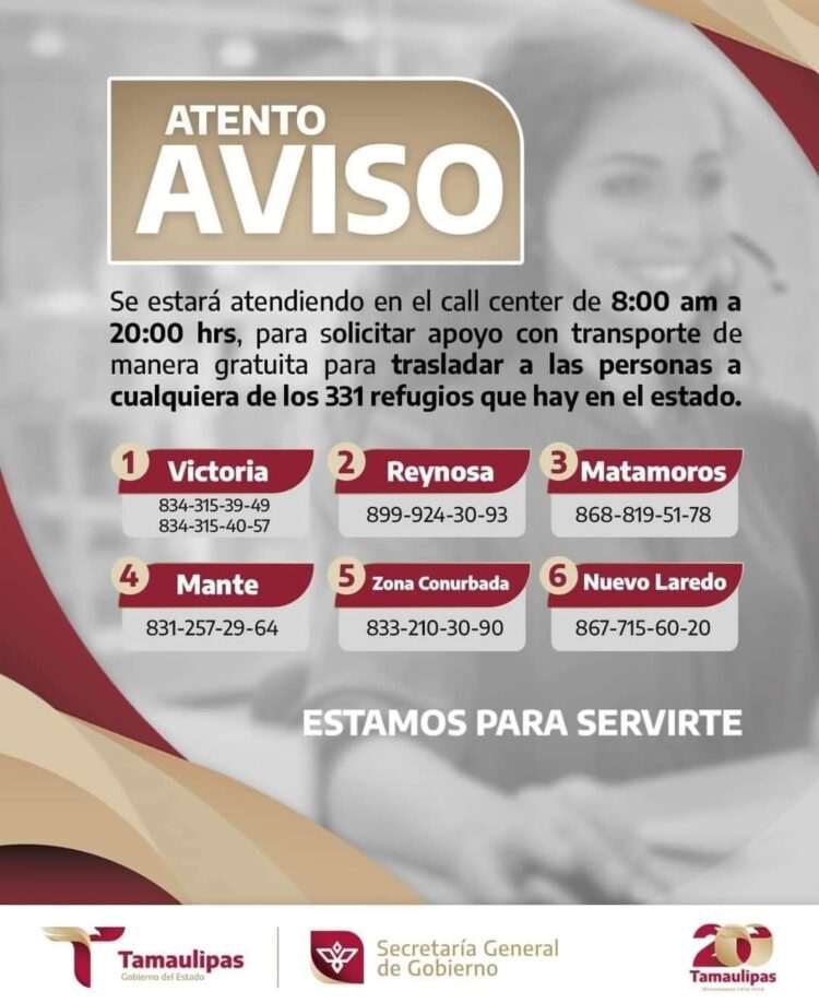 Disponibles unidades para trasladar a la ciudadanía a los albergues en Tamaulipas por tormenta “Alberto”
