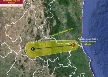 Tormenta Alberto en tierra, se ubica en norte de Veracruz y a 45 Km al oeste de Tampico, Tamaulipas