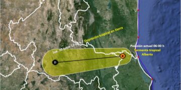 Tormenta Alberto en tierra, se ubica en norte de Veracruz y a 45 Km al oeste de Tampico, Tamaulipas