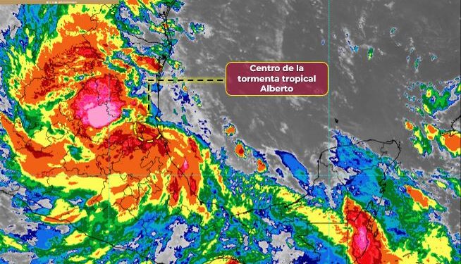 Tormenta Alberto en tierra, se ubica en norte de Veracruz y a 45 Km al oeste de Tampico, Tamaulipas