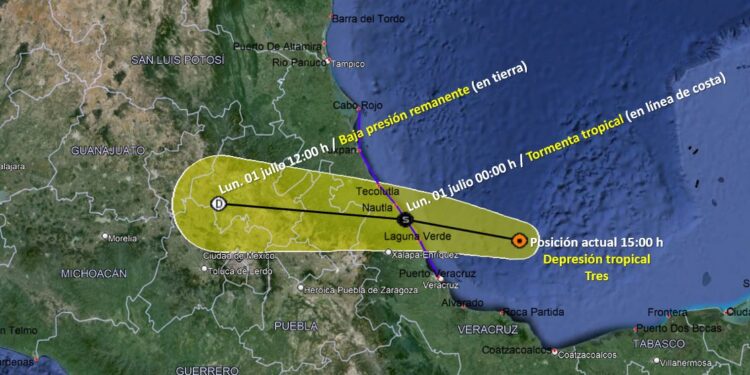 Depresión tropical 3 a 300 Km al este-sureste de Tuxpan, Veracruz; tocará tierra esta noche