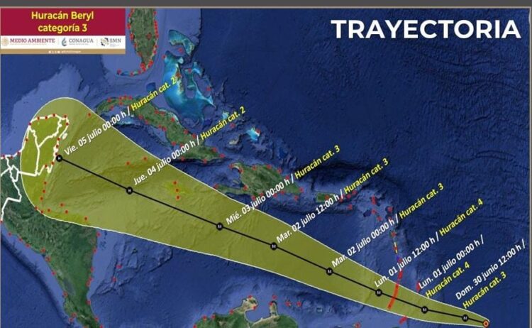 Beryl se convierte en un ‘muy peligroso’ huracán categoría 3 sobre el Caribe