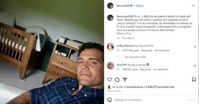 Henry Cavill revela en Instagram que se convertirá en padre