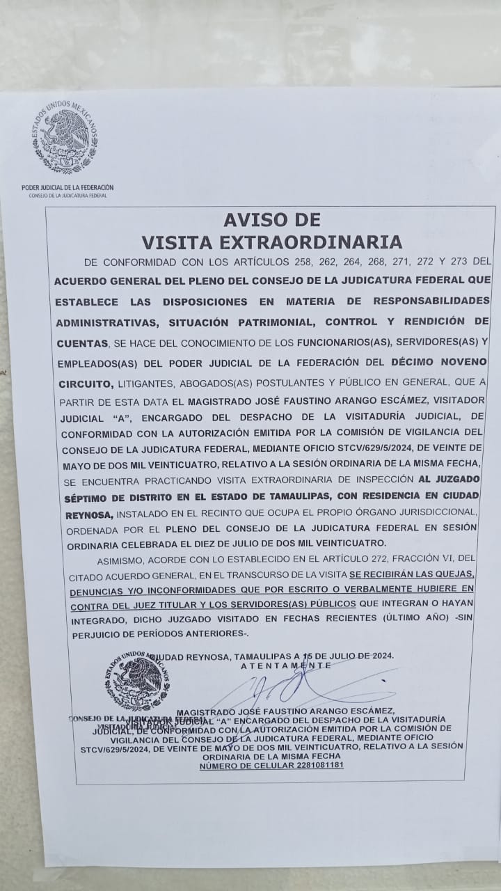 Consejo de la Judicatura cesa a Juez Federal de Reynosa que amparó a G. Cabeza de Vaca