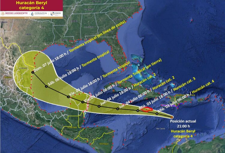 Beryl se mantiene como huracán categoría 4 sobre el mar Caribe; amenaza a Jamaica