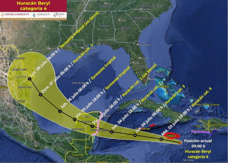 Huracán ‘Beryl’ acecha Jamaica como categoría 4 y se acerca a costas mexicanas