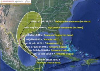 La tormenta tropical Beryl se desplaza sobre el Golfo de México, tras impactar la Península de Yucatán
